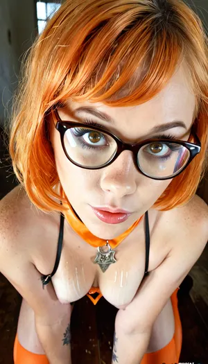 (((1girl:1))), ((solo:1.5)), filmic, (skindentation:1.4), 24 years old, perfect finger, cinematic, (well-lit scene), magical, great angle, fantasy, (DSLR photo), tanned, make-up, slutty, pink lips, eyelashes, pretty face, cute girl, intricate details, (Velma Dinkley lookalike, glasses, short silky orange hair, the face looks exactly like Velma from Scooby-Doo:1.4), tan lines on body, bent over, arched back, arms held behind her back, ((getting fucked from behind by a ghost lookalike:1.5)), in an old abandoned mansion, orgasm moaning, closed eyes, mouth open, ((she's wearing orange collar, red high heels stiletto shoes, orange harness garter straps, orange high waist thong)), thigh-high nylons, athletic waists, full body, pierced nipples, (dramatic false eyelashes), white waterline eyeliner, stunning eyes, doe eyes makeup, dynamic angle, [shy_smile], ethereal fantasy photography, grim, handslora, drkms, DeJarnette, abandoned, asylum, interior, peeling, paint, <lora:MJ52:2>, <lora:LCMTurboMix_Euler_A_fix:2>, <lora:590198_training_data:2>, <lora:DarkGrimFantasyXL-000004:2>, <lora:!DeJarnetteXL:2>