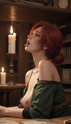 masterpiece, best quality, high resolution, hires, score_9, score_8_up, score_7_up, score_6_up, (aged 30 triss:1.4), light brown leather dublet, brown leather pants, red hair, hair in a double bun, library table, laying on her back, on the Library Table, head hanging over side, mouth wide open, tongue out, thick thighs, wide hips, perky pointed medium breasts, gumdrop nipples, small areola, sweaty skin, night, candle light room, looking at the viewer upside-down, incase, style, ratatatat74, close up, side view, fantasy, <lora:287175_training_data:1.5>, <lora:ratatatat74-000050:1.3>