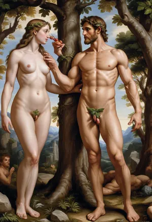 Painting of Adam and Eve in paradise, very well defined insanely detailed ultra high quality, painted by Michelangelo Buonarroti