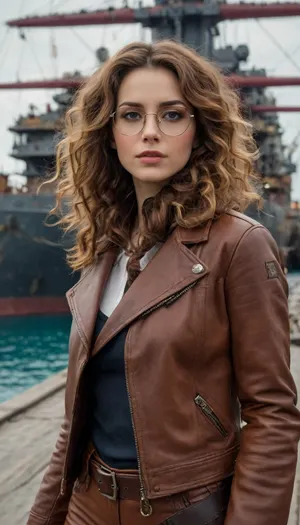 5000000010.53, On the poster of a steampunk-style adventure fantasy film, a beautiful young woman is taking a selfie in front of her large futuristic ship, surrounded by sailors in tactical gear, followed by huge rusty ships. She has round retro glasses on her long curly hair and is wearing a brown leather jacket with fur and leather pants. The scene is set in a port, with dock workers loading cargo in the background. The shot is cinematic and features impressive lighting.