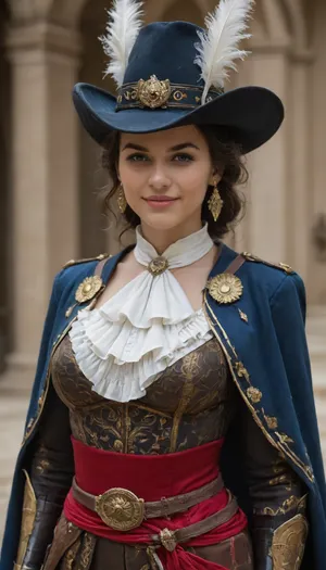 Beautiful Aveline de Grandpré from Assassin's Creed, a tailored navy blue coat with gold trim, a white ruffled blouse, and fitted brown trousers. Include a red sash belt with pouches, and a tricorn hat with a feather. Add hidden blade gauntlets and a short cape with the Assassin’s insignia, looking at the viewer, huge natural bust, indoor background, lustful smile.