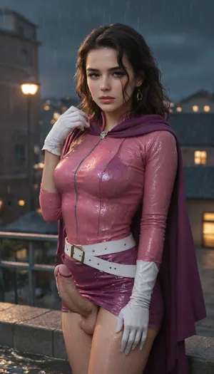 (20 years old), black hair, pink highlight, futanari, (erect-futa:1.5), erect, woman with penis, testicles, 8k, hdr, UHD, dynamic lighting, 1girl, rooftop, leaning, (wet:1.9), ((erect penis)), (futanari:1.1), Masterpiece, trending on artstation, pink leopard-spot bodysuit, white gloves, purple skirt, purple cape, white belt, (horny:1.6), (cum:1.6), (rain:1.7)