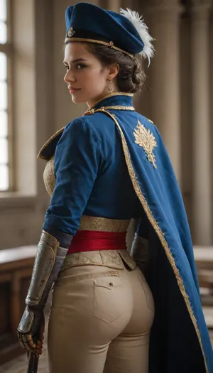 Beautiful Aveline de Grandpré from Assassin's Creed, a tailored navy blue coat with gold trim, a white ruffled blouse, and fitted brown trousers. Include a red sash belt with pouches, and a tricorn hat with a feather. Add hidden blade gauntlets and a short cape with the Assassin’s insignia, POV, her back view, turning back towards the viewer, looking at the viewer, huge natural bust, indoor background, lustful smile.