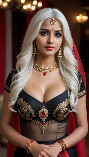 Indian bimboo bhabhi busty figure gorgeous face long open white hair brown eyes red bangles standing in a black wedding dress