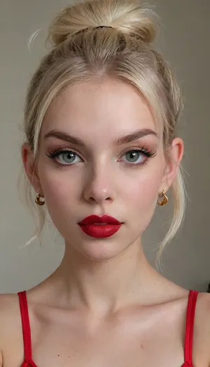 Hyper realistic, close up portrait view, (extremely petite), (19 yo young adult:2), platinum blonde hair, dark olive skin, large hoop earrings, high ponytail with bangs, ((big plump lips with cupid's bow:1.2)), (bimbo makeup, glossy red lipstick), (tinymodel), Full make-up, ((huge almond eyes:1.4)), eye shadow, dark eyeliner, ((long thick false eyelashes:1.4)), tiny nose, (detailed eyes), (stunning green eyes), 4ng3l face, <lora:SDXL_BetterFaces-LoRA_v1:2>, <lora:DetailedEyes_V3:2>