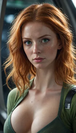 woman, female, 25 years old, long ginger hair, messy hairstyle, green eyes, freckles, uggly, extrem deep cleavage, eye contact, cyber punk, in space, dark starship, uggly window, stars, high detailed, close to face, portrait