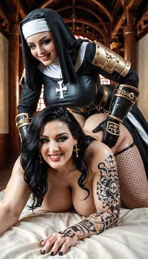 (((2 woman))), battle nun being fucked from behind by huge chubby nun, 40 yo goth mature model in armour, ((tattoos)), ((on all fours)), masterpiece, mature body, huge natural teardrop breasts, long black hair, light grey eyes, smiling, looking at the camera, mature face, flirty, best quality, very detailed, black eyeliner, (masterpiece:1.2), power armour, sister of battle, fishnets and leather clothes, fat white guy with a beard in priest robes, huge cock, anal, holy shrine, shrine complex, early morning, F-cup breasts, bow, church, space, marine, adepta, sororitas, warhammer, 40k, wh40k, <lora:WH40XL:.9>, <lora:Sisters-of-Battle-subset-000004:.5>