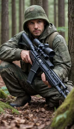 5000000010.73, An ultra-realistic photo of a man in a camouflage suit holding a sniper rifle in a forest. The image captures a full-length figure crouching, camouflaged against the surrounding nature and ready for action. Use Canon EF lenses to highlight complex details and textures on both the subject and the background. Emphasize the contrast between the camouflage clothing and the military equipment by focusing on elements such as the grass and leaves surrounding it. Use subtle lighting effects to enhance realism.