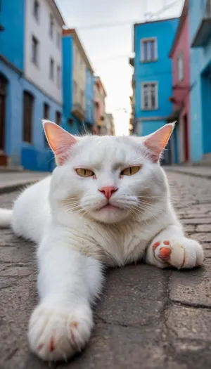 5000000010.82, White cat sleeping on the street, Istanbul, Turkey. Blue sky, bright colored buildings, low-angle shot, bright sunny day. Cat's paws in the foreground. Happy face with closed eyes. Ultra-realistic photo with high resolution, depth of field, and beautiful colors. Bright, award-winning photo in the style of a professional photographer.
