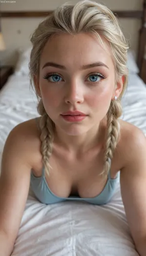 18 year old girl, d cup, medium perky breasts, round breasts, front POV, front view, toned body, tight ass, cute face, double Russian braided blonde hair, Elsa Frozen hair, blue eyes, realistic, ultra high definition, 8k, tight white low cut crop top, tight gray bike shorts, laying on stomach, in bed, looking at viewer, <lora:256210_training_data:.6>