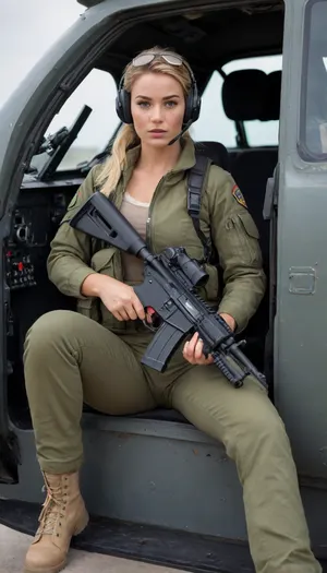 1 soldier woman, 8k, ultra detailed, soldier uniform, milf, wearing a battledress jacket, lacy bra, pilot tactical helmet with head gears, army boots, holding an assault rifle, attractive, sitting on the sidedoor of an army helicopter, wrinkles, 40 years old, blonde ponytail, green eyes, very thick battle army pants, picture taken with DSLR camera, realhips, french, (full body in view), wide jawline, square forehead, straight hair, pretty real eyes, high cheekbones, freckles