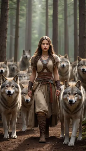 5000000010.63, A girl young with long hair, dressed in traditional warrior clothing, in wolf's skin, stands confidently among a pack of wolves, emanating strength as she creates an "Unforced Protective Aura" in her presence. The background features an enchanted forest, adding to their majestic appearance. This masterpiece captures the essence of adventure through the lens of photography, making it one of my favorite artist-style images.