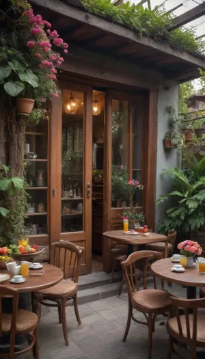5000000010.112, one of the tables is set with a pleasant breakfast, a cup of coffee and fruit with flowers, room with many wooden tables and chairs, original bar, exotic vegetation, mexico city, bar tosz domiczek, houzz, extremely crazy intricate, guide, scoia'tael, trending on pintrest, inspired by robert adamson, exterior advertising photography for a fashion magazine, gloss, hawken, by Jitish Kallat