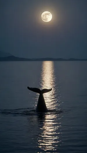 5000000010.116, A high-definition photo depicting a whale emerging 1/2 out of the water, with moonlight reflecting on its body and a calm sea surrounding it. In the foreground, there is a small sailing boat, and behind the whale is a large, full blue moon. This scene creates a sense of unearthliness, creating an atmosphere reminiscent of a fairy-tale fantasy. It evokes a sense of wonder under the starry sky, with a sense of something magical and mysterious being nearby. Professional photography, deep color
