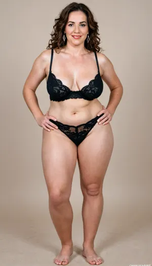 60 year old, beautiful sexy chubby mature milf, long hair, chestnut hair with highlights, very curvy, thick, plump, wide hips, waist, sexy saggy milf, 1960s, strong eyebrows, realistic photo, smiling, beautiful, skin pores, eyelashes, textured skin, highly realistic skin, (big hips:1.6), ambient occlusion, model shoot, masterpiece, black lingerie, (full body portrait), stretch, marks