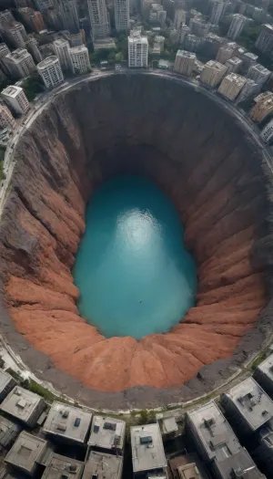5000000010.122, a huge hole in the city center, a hyperrealistic shot from a science fiction disaster film, inspired by Lian Kai, the winner of the pexels contest, surrealism, a deep sinkhole, a huge karst sinkhole, a view down into a huge crater, shot from a helicopter, high detail