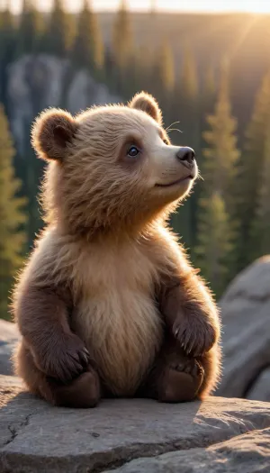 5000000010.125, brown bear baiby cub photo from the back, sitting on top of a high cliff, photo by Alexander Kukharsky, winner of the unsplash contest, beautiful view of the Swedish forest, admiring the sunrise, Cheburashka, Winnie the Pooh, author of the image nat geo, miniature bear cub, cute, the sun's rays highlight the texture of the fur