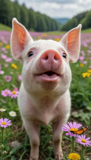 5000000010.128, little piglet baiby with a butterfly on its nose, close-up, fish eye effect, photo+digital art, pixabay, background of a bright flower meadow, incredibly cute, renaissance, national geographic”, desktop wallpaper