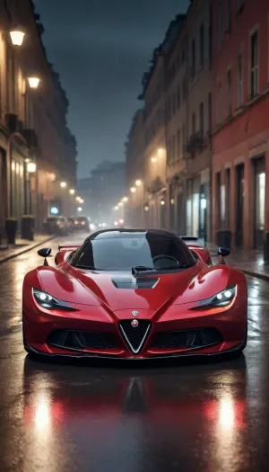 5000000010.129, 2035, futuristic red Alfa Romeo hypercar in the style of Giorgio Armani's Overseer concept car, with long headlights, parked on a wet night street, with a reflection, a cinematic shot. The photos were taken with an ARRI camera, incredibly detailed and clear, with professional lighting, three-dimensional light, and post-processing in Povray. Very cool wallpaper