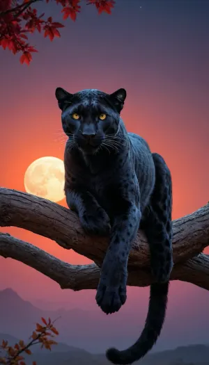 5000000010.133, a black leopard laying on a tree branch in front of a full moon, trending on cg society, digital art, red sunset, mobile wallpaper, beautiful avatar pictures, beautiful art uhd 4 k, in black blue gold and red, beautiful painting of a tall, black and red scheme, the dark demon of cats, long shot view