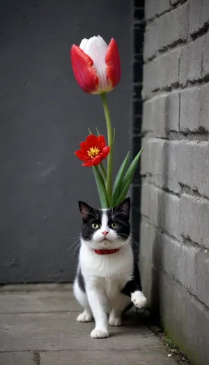 5000000010.88, A black and white photo of a tulip in an anthropomorphic paw, peeking around the corner to make sure it's safe, holding a red flower in its paw, with white fur on its body, against a contrasting black background and a gray stone wall. The image is quirky, cute, and amusing.
