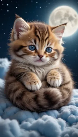 5000000010.91, A little fluffy kitten sleeping on a small cloud, curled up into a ball, with a night sky, crescent moon, and blue tones in the background. This high-definition photo features high-resolution details and high-quality, hyper-realistic, and ultra-detailed professional lighting and color reproduction, resulting in an stunning HDR image.