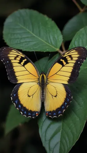 5000000010.94, A beautiful yellow and black butterfly with outstretched wings on a leaves against a dark background. The butterfly's wings are symmetrical to the leaves. This image for mobile wallpapers was captured using a macro lens, resulting in a ultra-high-definition photo with deep blue tones, dark fox velvet, a delicate texture, and a mysterious atmosphere. It is styled in the macro photography genre.