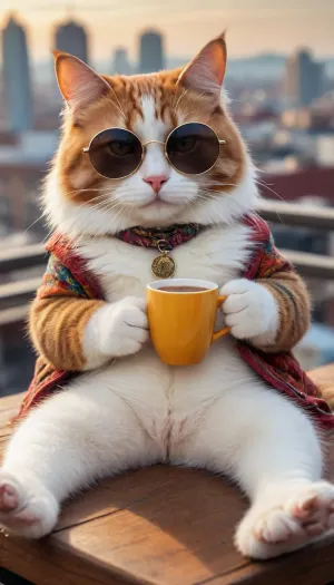 5000000010.103, A cat lying with a cup of coffee on a rooftop overlooking the city, photorealistic painting, by Alexander Deineka, trending on reddit, furry art, avatar, sunglasses, business cat, fully dressed, cat photo, calico, cat leisurely drinking coffee, bright colors, glossy, hippie, aww, great wallpaper for iPhone
