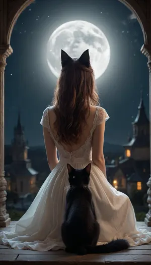 5000000010.104, Girl with long hair and her cat sitting in moonlight at night, back view, digital art style, dreamy atmosphere, mysterious background, fantasy elements, mysterious lighting effects, moon glow, glow effect. Woman dressed in elegant dress, black cat sitting next to her, fantastic realism, high resolution, sharp focus, intricate details, vivid colors, stunning details and sense of mystery.