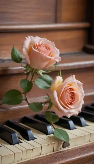 5000000010.149, A tea-colored rose on an old piano, with its petals gently resting between the keys, creating a romantic and nostalgic atmosphere. The photo captures the delicate beauty of nature against the backdrop of antique wooden musical instruments, evoking feelings of love, romance, and classic musical vibes.
