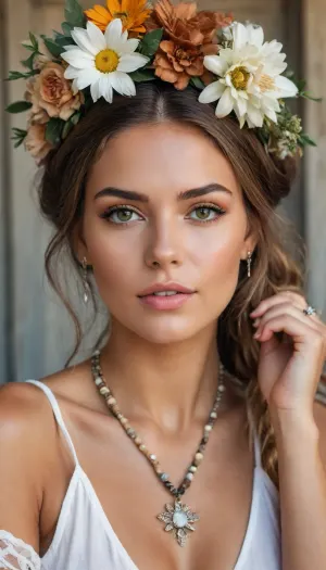 5000000010.150, Woman with a flower in her hair, digital imaging inspired by Emma Andievsky, trends on pexels, aestheticism, she is wearing multiple pendants, neutral boho colors, collage in the background, fashion magazine clippings, wooden jewelry, summer, tanned skin