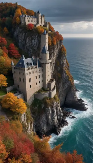 5000000010.151, professional photo, autumn, thunderstorm, castle on the sea cliff, gothic, romanticism, aesthetic, UltraHD, bird's eye view, HDR, hyperdetail, incredibly beautiful