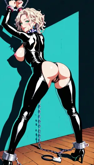 source_anime, skinny platinum blonde, spiked collar, black latex catsuit, tongue out, smiling, standing, ass back, spreading legs, chain leash restraining her head up, arms restrained to the wall, handcuffs, green eyes, pink nipples, hairy pussy, big breasts, massive toned hips, narrow waist, wooden floor, blue, red, white, green, lineart, line, art, flat, colors, color, <lora:ratatatat74-000050:.8>, <lora:lineartSDXL:.8>