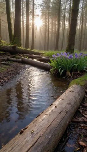 5000000010.167, In the valley, there are tiger-striped purple and yellow irises, green grass and fallen leaves cover the ground, dewdrops are on the petals, and there is wet moss around. In front of it is an old log with water droplets on the surface. The sky above is filled with the light of dawn, shining through the trees. The rays of the sun are visible. Nearby, a small stream flows slowly, reflecting colorful clouds. It seems like this scene is taken from a fairy tale and captured in a high-definition photograph.