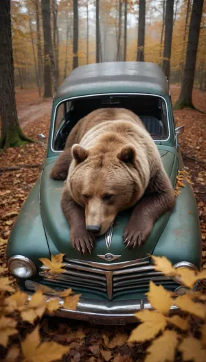 5000000010.169, brown bear sleeping on the hood of a vintage ford car in the forest, by Irakli Nadar, winner of the unsplash contest, photo realism, vintage, w 1 0 2 4, abandoned car in the frame, golden hair covered with leaves, beautiful wallpaper, photo provided by nat geo, amazing beauty, day party, kerem beyit, bear relaxation, reiner hosh