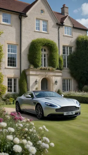 5000000010.176, Light gray, silver, and black Aston Martin parked in front of a house with a green lawn and bright flowers, blue sky, deep colors, professional photography of a car and a cozy manor, luxury and comfort, in the style of Ian Smallstone, photography for a fashion magazine
