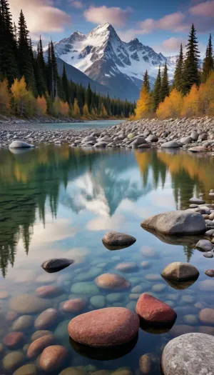 5000000010.173, a group of rocks sitting on top of a body of water, marvellous reflection of the sky, snowy peak, color splashes, by Lynn Pauley, award-winning magazine photo, chromatic colours, colored stones, by Willie Ito, bubbling cauldron, philosophical splashes of colors, alaska, cool wallpapers for phone