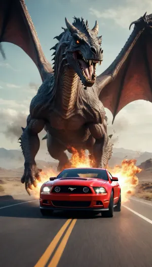 5000000010.179, car Mustang, speeding away from a huge dragon, is coming to meet us, vector art, by Aleksi Briclot, fantasy, 9gag, muscle cars, crazy speed, ultra realistic, out of the fire, alternative album cover, dark age is coming, blockbuster movie art, publicity photo, professional filming for a movie