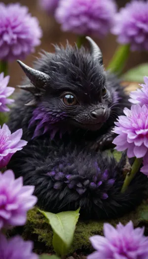 5000000010.137, A very small, miniature black and fluffy dragon sleeping in a purple flower bud, fluffy tail, a cute and beautiful photo, fur structure, a hyperrealistic photo, a professional photo