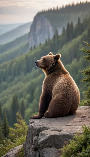 5000000010.140, a brown bear sitting on top of a cliff, a picture, by Alexander Kucharsky, romanticism, phone background, morning mist, over the tree tops, background is heavenly, canada, very very beautiful scenery, on top of it, iphone background, vibrant setting, looking cute, overlooking, nature, on top of a hill, far, view