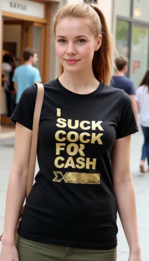 A 23 year old, (slim slender), (ginger-haired ponytail), woman stands in a shopping street. She wears a skirt and a black t-shirt and a handbag., (photography is taken from a drone), .
On her t-shirt is a Text printed in large golden letters "I suck cock for cash".