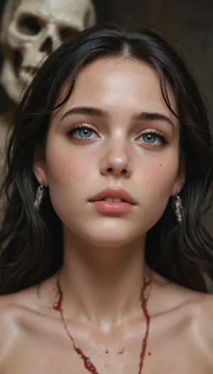 decapitated head, no body, cute on the neck, neck dripping with blood, head oh biutyful young face, long black hair, skull fucked by black huge dick.