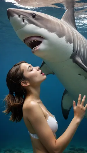 5000000010.106, Underwater photography, photo of a girl swimming in clear water kissing a white shark underwater, Liu Bolin style.