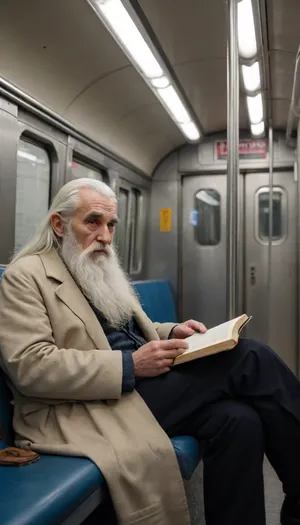 5000000010.109, a man sitting in a subway car and reading a book, portrait, Daniel Gelon, winner of the unsplash contest, young man, white-haired noble elder, dressed as a wanderer, portrait of Saruman, fantastic proto-Slavic mythology, father of time, underground scene, cryptography, mysticism