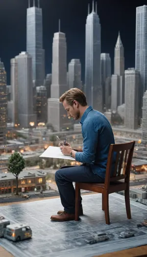 5000000010.111, double exposure, man drawing a blueprint, sitting on a chair in front of a miniature city with people and cars, city model inspired by Chris Labram, dreams, detailed miniature city, lots of details, real, epic multi-figure composition, Gotham, 3D artist for hire, handsome man, complicated story