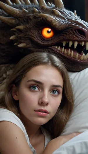5000000010.113, a girl baiby laying in bed next to a monster, fantasy lut, profile picture 1024px, movie still of a snarling, closeup portrait shot, large glowing eyes, hunting the monsters, movie still 8 k, with fangs, portrait shot, motivational, profile