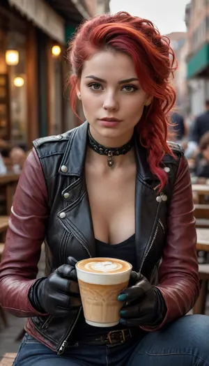 5000000010.115, A digital render of an ultra-realistic portrait integrating the rococopunk aesthetic, featuring a vibrant young lass garbed in finely-creased, wind-ruffled leather biker attire, her skintight gloves clinging tightly, seated in the whirling chaos of Venice's bustling open market, her free hand humbly clenching a latte cup, Rococopunk, biker girl, latte, Venice