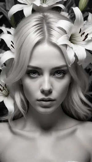 5000000010.120, drawing on a sheet of paper, woman with a flower in her hair, by Allan Linder, digital art, white lilies, scattered pencils and a mug of coffee, monochromatic airbrush painting, steven meisel photography, wallpaper, 1 0 2 4, girl with white eyes, pure b & w, jean-sebastien rossbach, with flowers, 2 D, white fringy hair, icon black and white, lilies