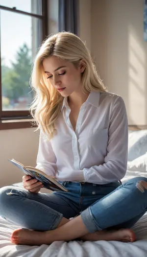 5000000010.121, a woman sitting on top of a bed next to a window, a photorealistic painting, inspired by Ross Tran, tumblr, white shirt and blue jeans, attractive girl with long blonde hair, reading a book, soft sun lights, phone background, ripped jeans, hd artwork, on the bed, iphone background, girl with white hair, sun lighting, betty cooper, amazing wallpaper