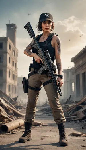 5000000010.100, photo of a female warrior in a black baseball cap, with dark brown hair and tattoos on her shoulder, wearing tactical gear, holding an L-science crossbow, crouching in a fighting pose on the roof of a destroyed building, with a loyal friend, a leopard, a cat monster, fighting post-apocalyptic animals in an apocalyptic world filled with dust and smoke, detailed realistic photo, natural lighting, high-resolution photo, hyperrealistic, cinematic photo